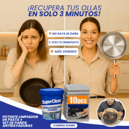 SuperClean™ Potente limpiador en pasta más set de paños antirayaduras, Recupera tus utensilios de cocina en 3 minutos